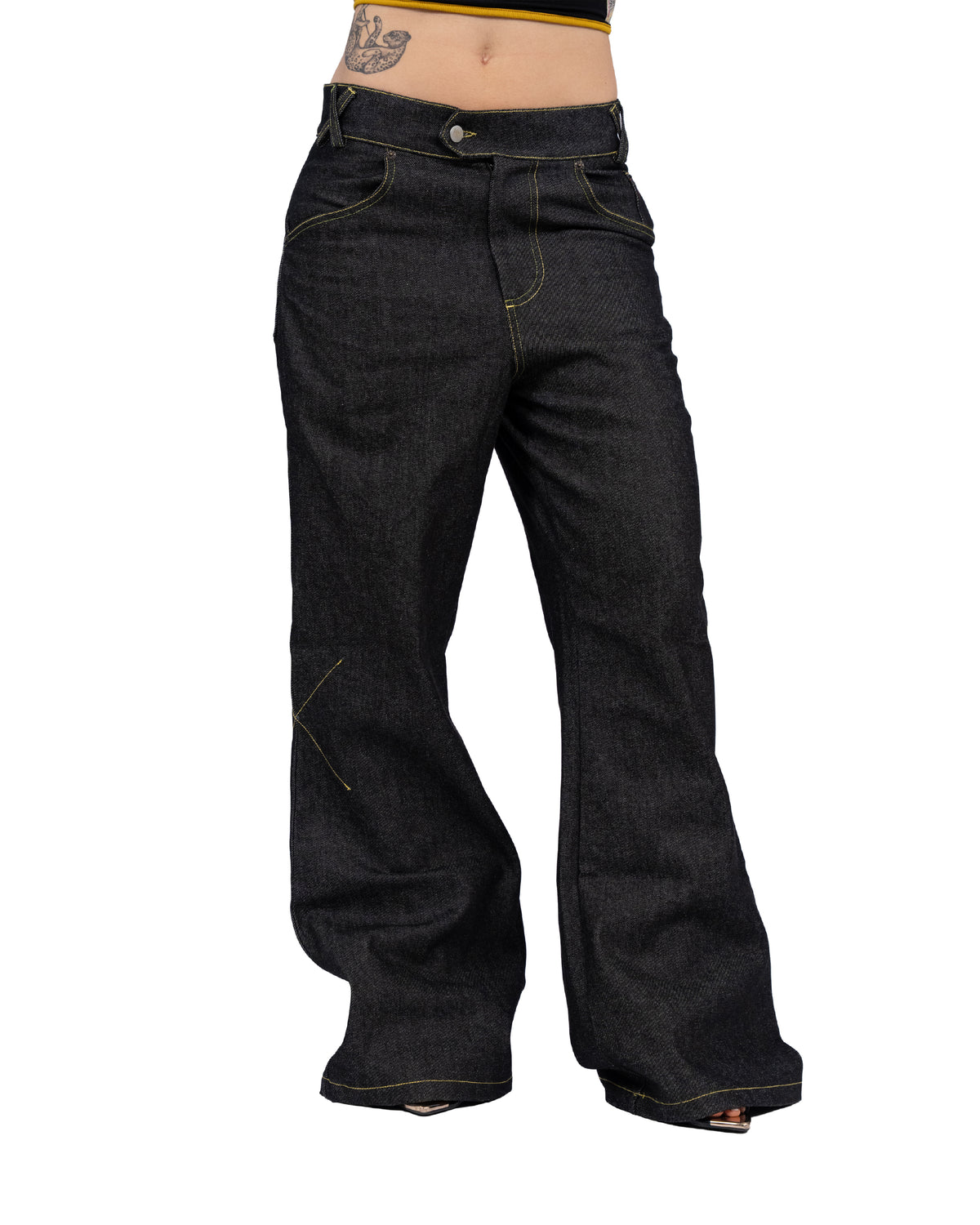 Black Raw Denim Bootcut Jeans — Roots Patwa SS26