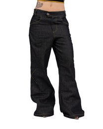 Black Raw Denim Bootcut Jeans — Roots Patwa SS26