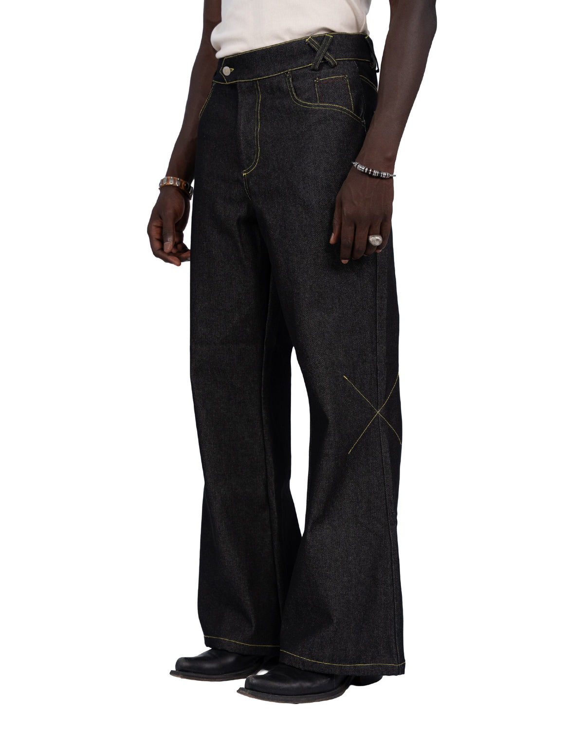 Black Raw Denim Bootcut Jeans — Roots Patwa SS26