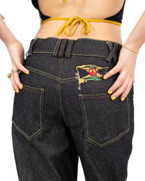 Black Raw Denim Bootcut Jeans — Roots Patwa SS26