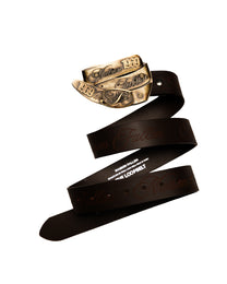 Brown leather belt with a gold buckle on a white background
