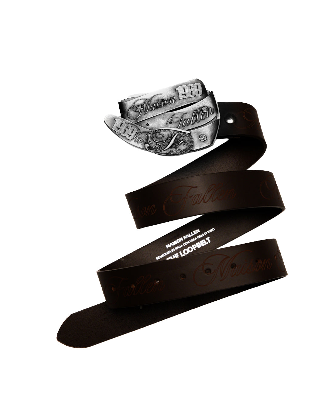 Brown leather belt with a silver buckle on a white background
