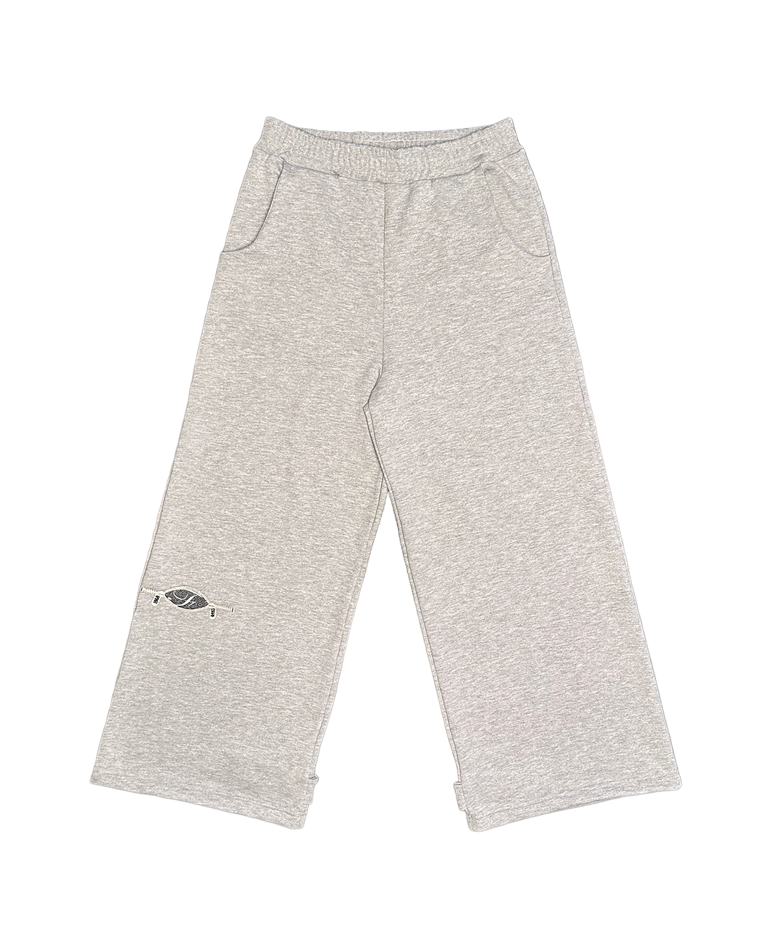 Gray sweatpants with a small logo on a white background