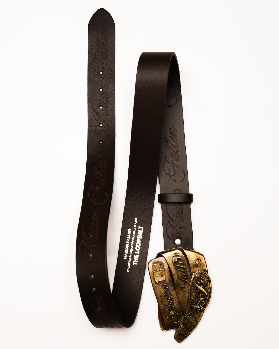 Black leather belt with gold buckle on a white background