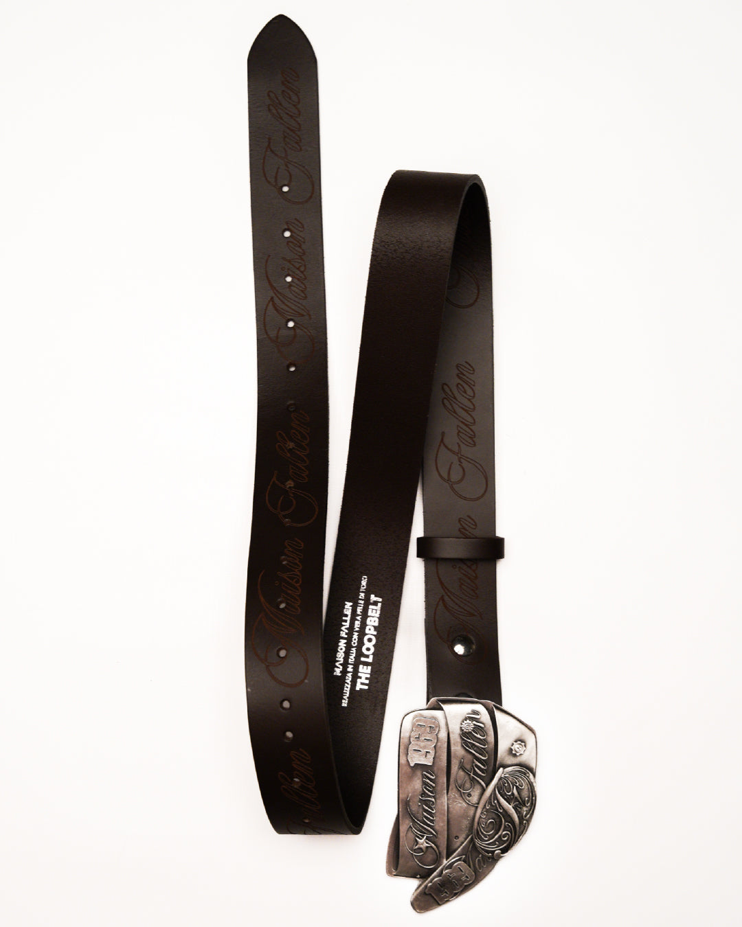 Black leather belt with metal buckle on a white background